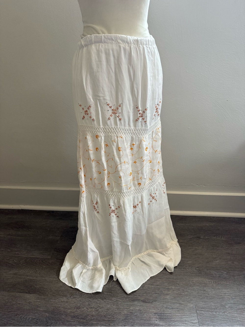 Moksh White Maxi Skirt with Delicate Orange Embroidery